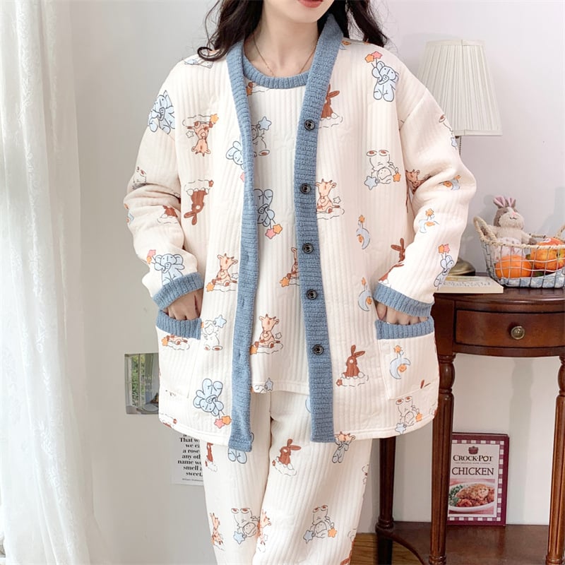 Raseduse ja imetamise ööriided, kolmekohaline komplekt, multikas muster, pikad varrukad printsess-stiilis, V-kaelus, Hiina stiil, kirjanduslik retro