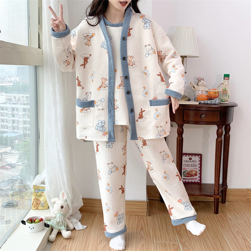 Raseduse ja imetamise ööriided, kolmekohaline komplekt, multikas muster, pikad varrukad printsess-stiilis, V-kaelus, Hiina stiil, kirjanduslik retro