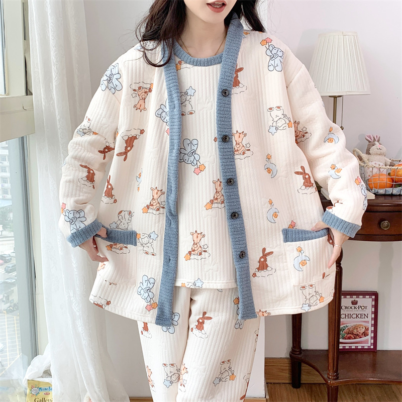 Raseduse ja imetamise ööriided, kolmekohaline komplekt, multikas muster, pikad varrukad printsess-stiilis, V-kaelus, Hiina stiil, kirjanduslik retro