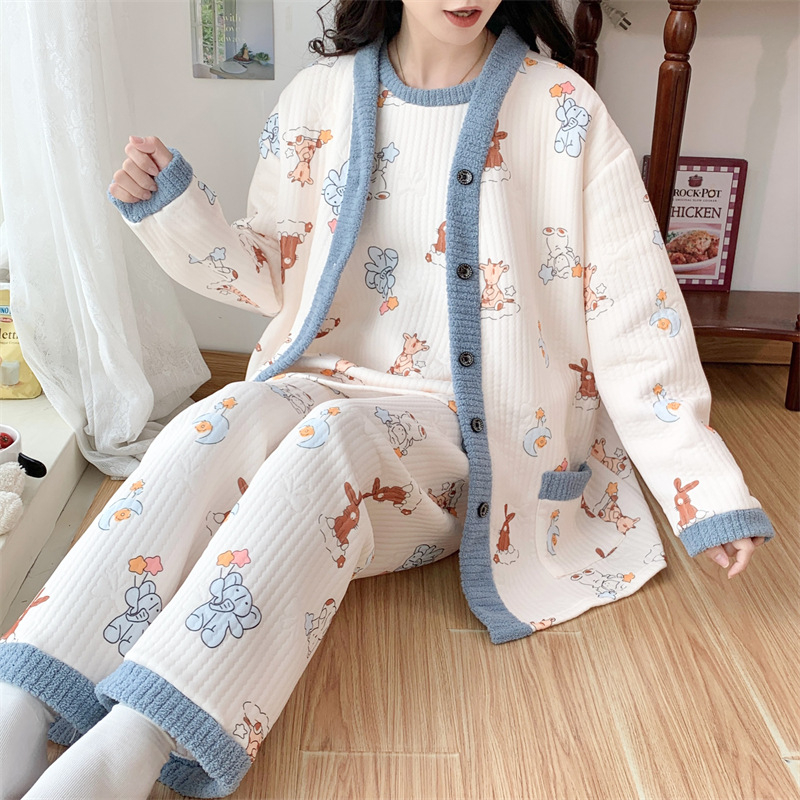 Raseduse ja imetamise ööriided, kolmekohaline komplekt, multikas muster, pikad varrukad printsess-stiilis, V-kaelus, Hiina stiil, kirjanduslik retro