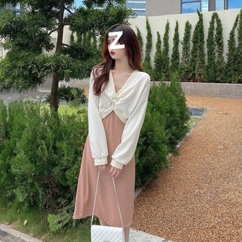 Двучастков комплект за кърмене: рокля със презрамки в стил суитшър, пролетно-есенен модел, ръкави ¾, яка polo.