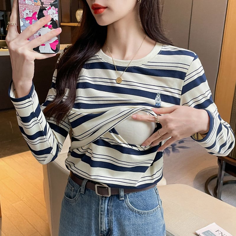 Puuvillane imetamis-T-särk pikkade varrukatega, triibuline muster, pärast sünnitust