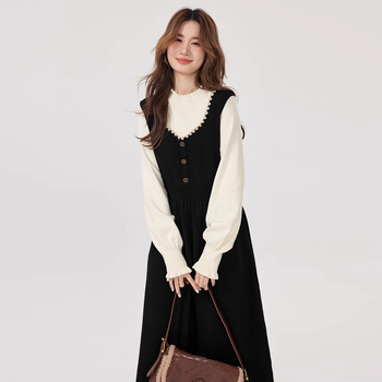 Φθινοπωρινό-χειμερινό φόρεμα θηλάσματος για εξόδους το 2025, με γιακά σε σχήμα φύλλου λωτού, μακριά μανίκια, πλεκτό ύφασμα, σχέδιο με πάνελ, Α-line μέχρι τον μέσο μηρό, άνοιγμα θηλασμού.