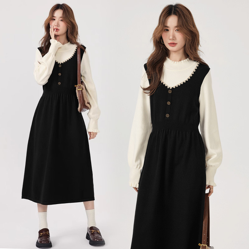 Φθινοπωρινό-χειμερινό φόρεμα θηλάσματος για εξόδους το 2025, με γιακά σε σχήμα φύλλου λωτού, μακριά μανίκια, πλεκτό ύφασμα, σχέδιο με πάνελ, Α-line μέχρι τον μέσο μηρό, άνοιγμα θηλασμού.