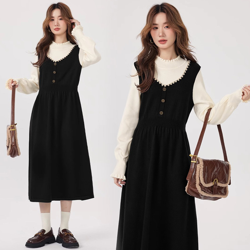 Φθινοπωρινό-χειμερινό φόρεμα θηλάσματος για εξόδους το 2025, με γιακά σε σχήμα φύλλου λωτού, μακριά μανίκια, πλεκτό ύφασμα, σχέδιο με πάνελ, Α-line μέχρι τον μέσο μηρό, άνοιγμα θηλασμού.