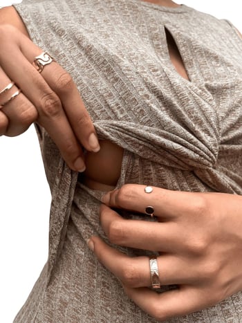 Рокля за майчинство с отвор за кърмене, без ръкави, кръгло деколте, полиестер, средна дължина