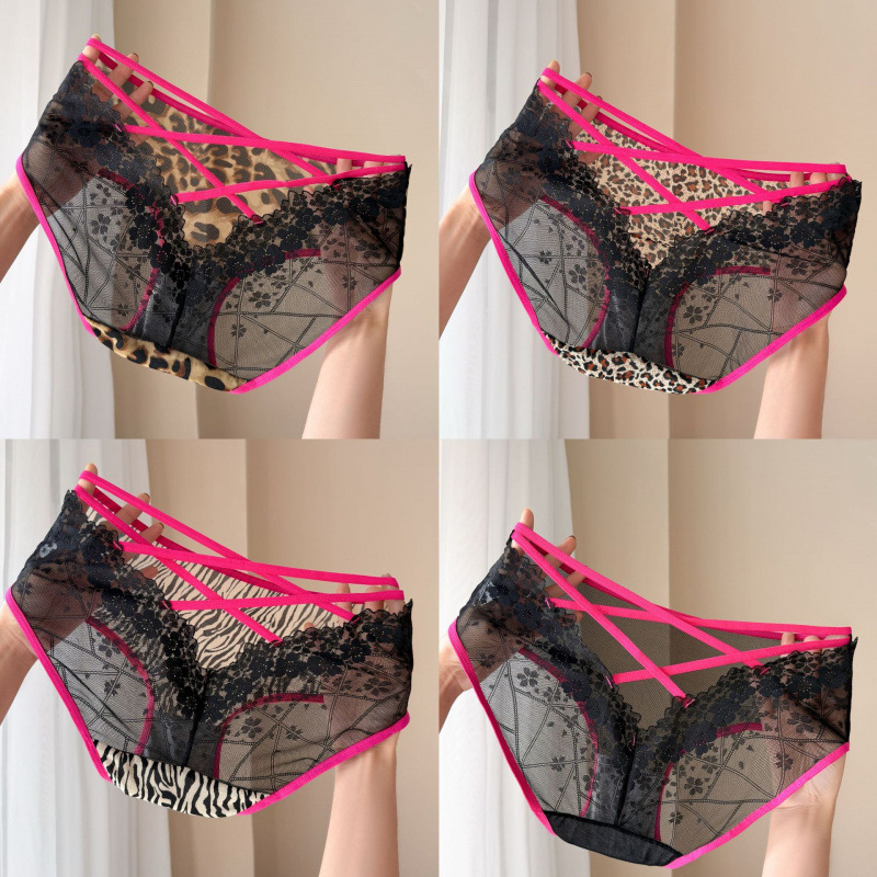 Chiloți din dantelă cu imprimeu leopard pentru femei, talie înaltă, curele încrucișate, țesătură tricotată din dantelă