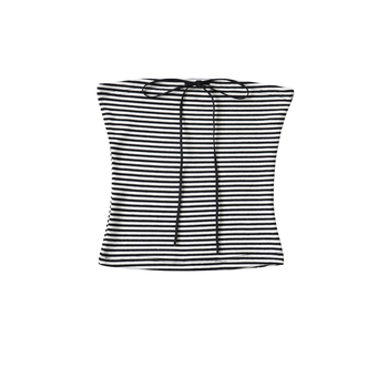 Bezrameni top s kontrastnim prugama, elastičan, mašna na trakama, proljeće 2025 (Materijal: Spandex; Glavni materijal: Spandex; Sadržaj: <30%; Stil: street fashionista)