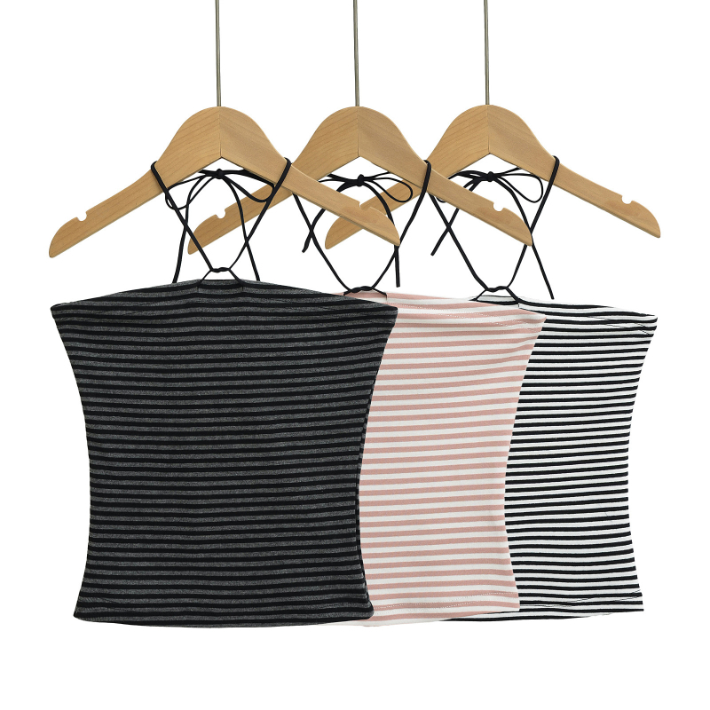 Bezrameni top s kontrastnim prugama, elastičan, mašna na trakama, proljeće 2025 (Materijal: Spandex; Glavni materijal: Spandex; Sadržaj: <30%; Stil: street fashionista)
