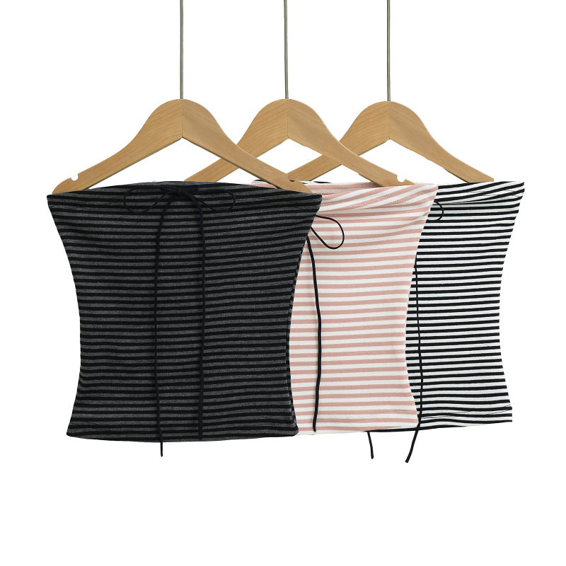 Bezrameni top s kontrastnim prugama, elastičan, mašna na trakama, proljeće 2025 (Materijal: Spandex; Glavni materijal: Spandex; Sadržaj: <30%; Stil: street fashionista)