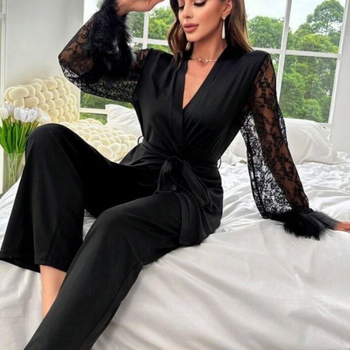 Csipés patchwork pizsama szett, V-nyakú, poliészter, hosszú ujjú, minden évszakra, 181-200 g/m²