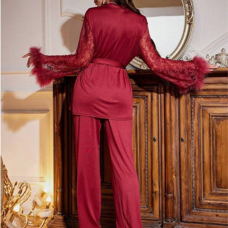 Csipés patchwork pizsama szett, V-nyakú, poliészter, hosszú ujjú, minden évszakra, 181-200 g/m²