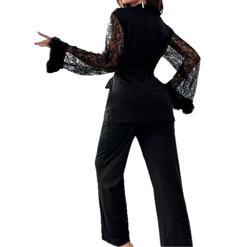 Csipés patchwork pizsama szett, V-nyakú, poliészter, hosszú ujjú, minden évszakra, 181-200 g/m²