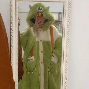 Zimski simpatičan set ogrtača za kupaonicu s izvezenim čudovištem s velikim očima, debeli velur, unisex