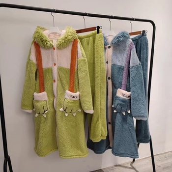 Zimski simpatičan set ogrtača za kupaonicu s izvezenim čudovištem s velikim očima, debeli velur, unisex