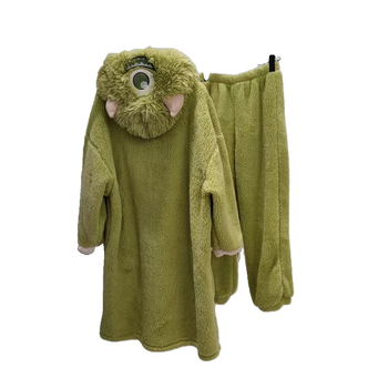Zimski simpatičan set ogrtača za kupaonicu s izvezenim čudovištem s velikim očima, debeli velur, unisex