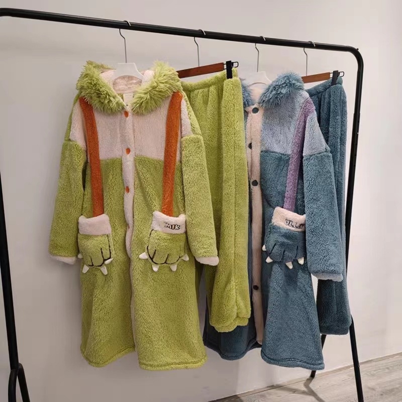 Zimski simpatičan set ogrtača za kupaonicu s izvezenim čudovištem s velikim očima, debeli velur, unisex