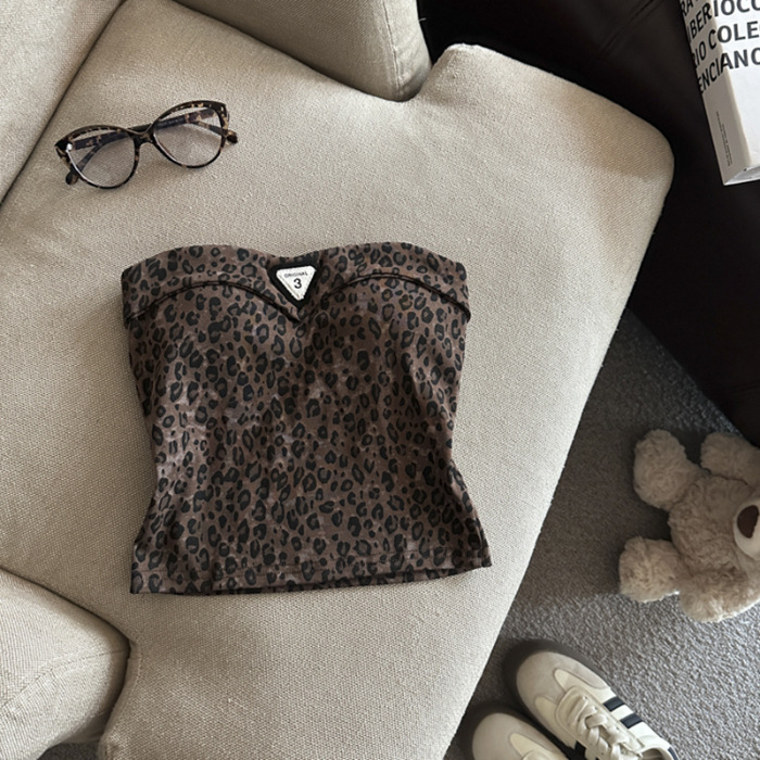 Bodycon top bez naramenica s tie-dye dizajnom i leopard uzorkom, odvojive naramenice, proljeće 2025