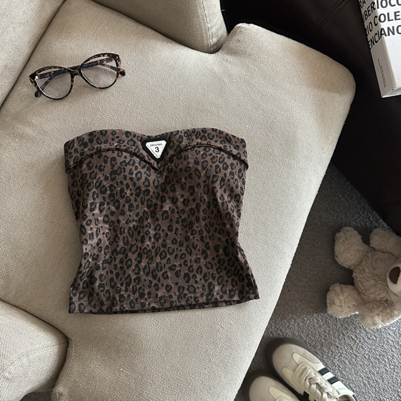 Bodycon top bez naramenica s tie-dye dizajnom i leopard uzorkom, odvojive naramenice, proljeće 2025