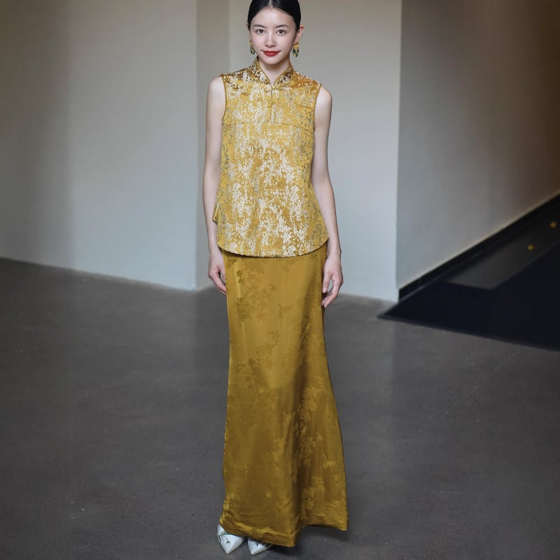 Две части комплект рокля в китайски стил за булки, без ръкави, висока талия, силует А-линия, дълга пола