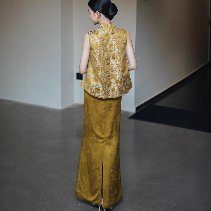 Две части комплект рокля в китайски стил за булки, без ръкави, висока талия, силует А-линия, дълга пола