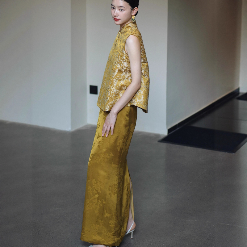 Две части комплект рокля в китайски стил за булки, без ръкави, висока талия, силует А-линия, дълга пола