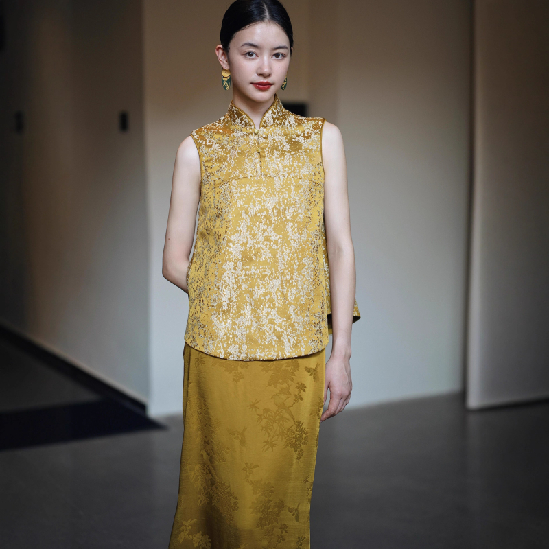 Две части комплект рокля в китайски стил за булки, без ръкави, висока талия, силует А-линия, дълга пола