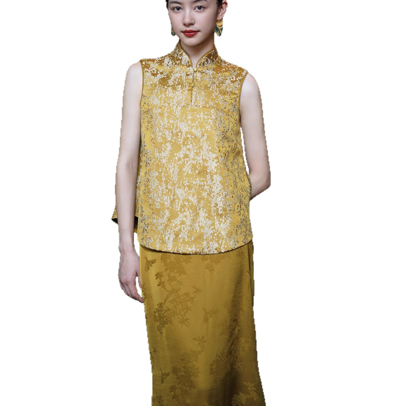 Две части комплект рокля в китайски стил за булки, без ръкави, висока талия, силует А-линия, дълга пола