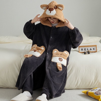 Muški set pidžama s cartoon uzorkom od koralnog fleece, debeli, s dugim rukavima, kućna odjeća za jesen i zimu