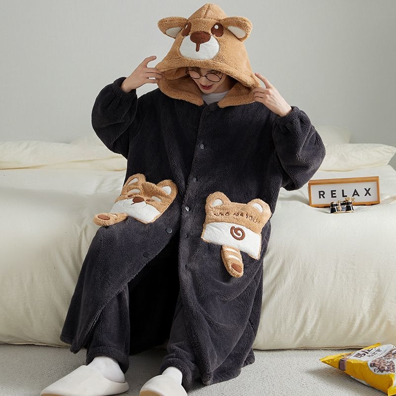 Muški set pidžama s cartoon uzorkom od koralnog fleece, debeli, s dugim rukavima, kućna odjeća za jesen i zimu