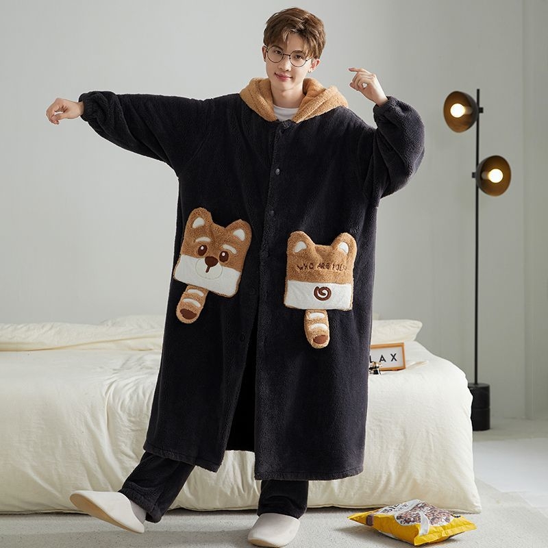 Muški set pidžama s cartoon uzorkom od koralnog fleece, debeli, s dugim rukavima, kućna odjeća za jesen i zimu
