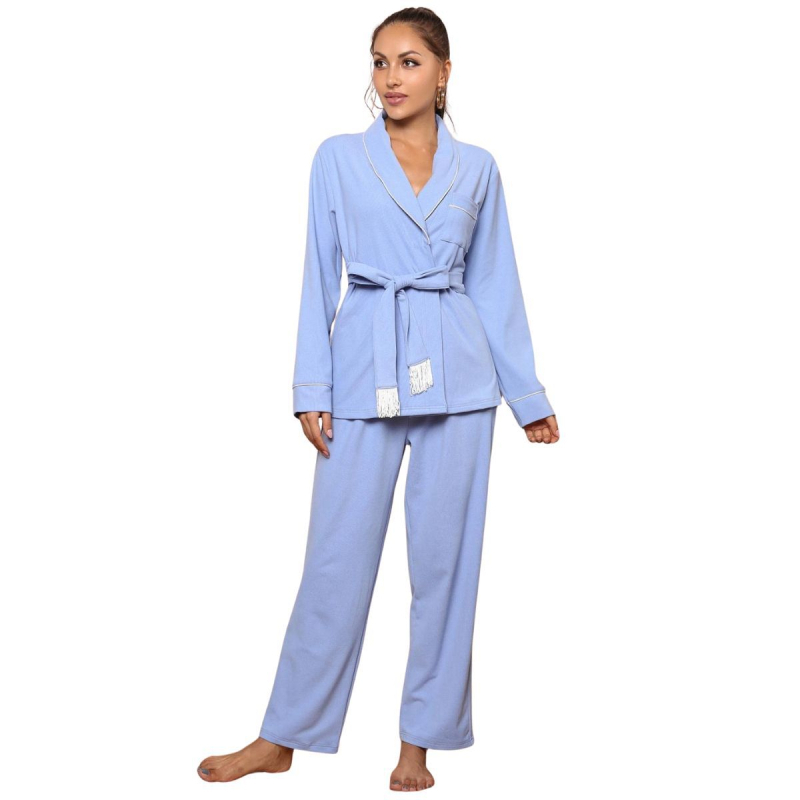 Ženski kardigan set pidžama s hlačama, dugi rukavi, poliester, gusta tkanina 161–180 g/m², V-izrez