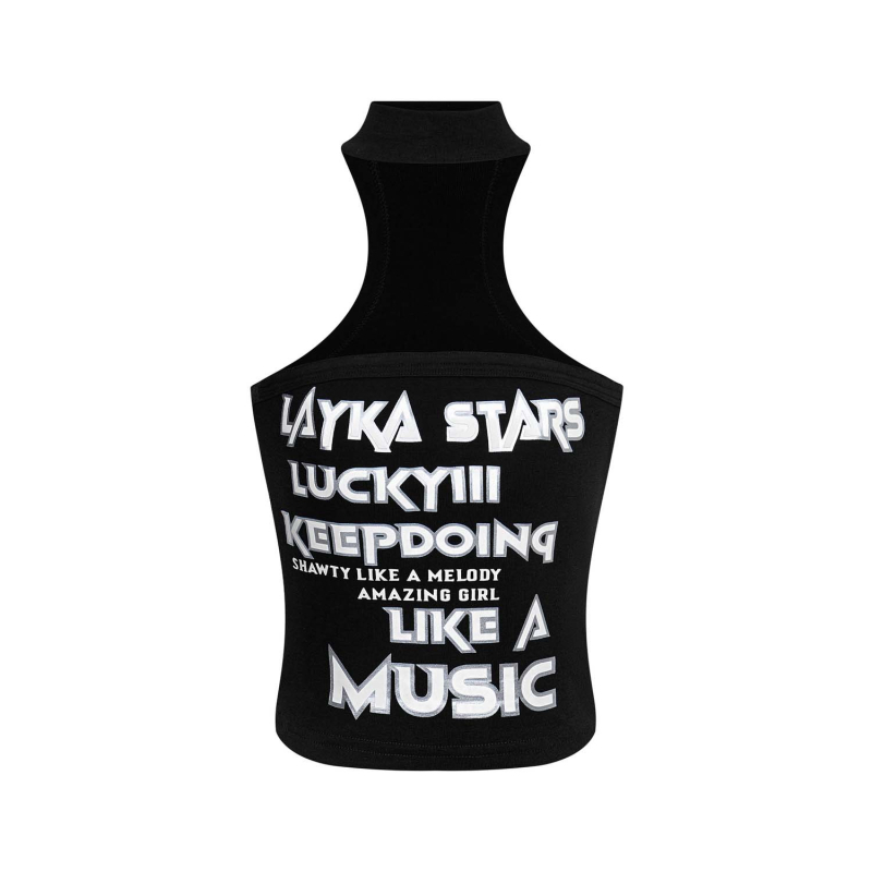 Top cu imprimeu litere, decolteu halter, bumbac, lungime ultra-scurtă, stil street