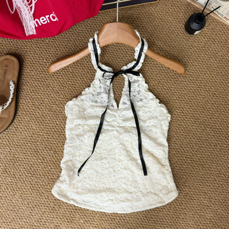 Korejskog stila čipkasti halter cami za vanjsku odjeću ili slojevito nošenje, bez leđa, kratki top s visokom elastičnošću i atraktivnim leđima