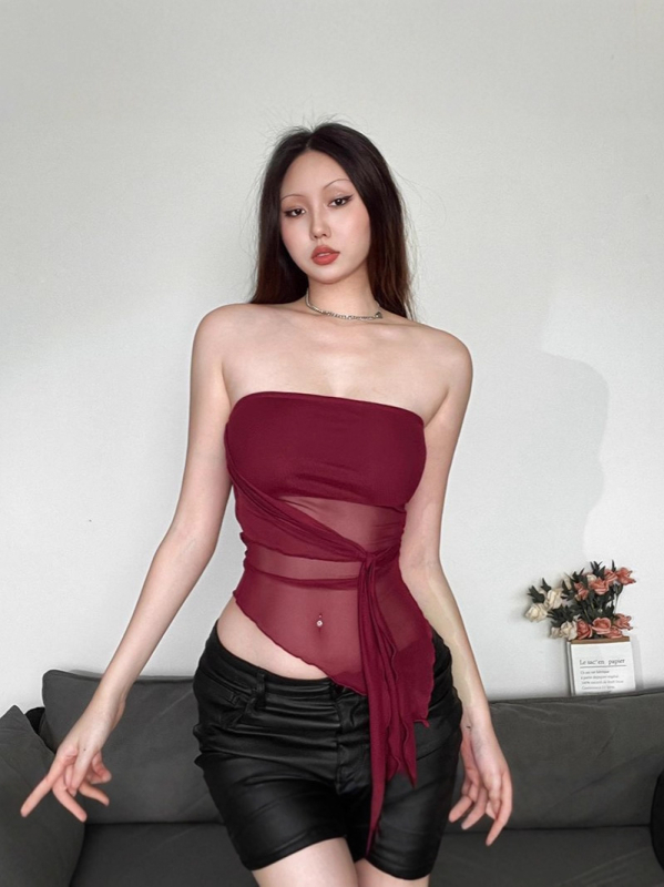Nothing Mrežasti top bez ramena — Slim fit, kratka duljina ≤40 cm, mješavina mreže i poliestera