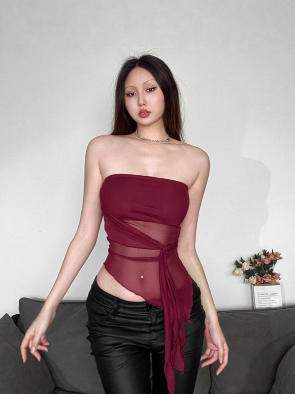 Nothing Mrežasti top bez ramena — Slim fit, kratka duljina ≤40 cm, mješavina mreže i poliestera