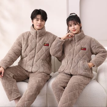 Pijamale de iarnă pentru cuplu, căptușite cu fleece, flanel 100% poliester, extra groase, guler înalt, mâneci lungi, pentru acasă