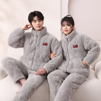 Pijamale de iarnă pentru cuplu, căptușite cu fleece, flanel 100% poliester, extra groase, guler înalt, mâneci lungi, pentru acasă