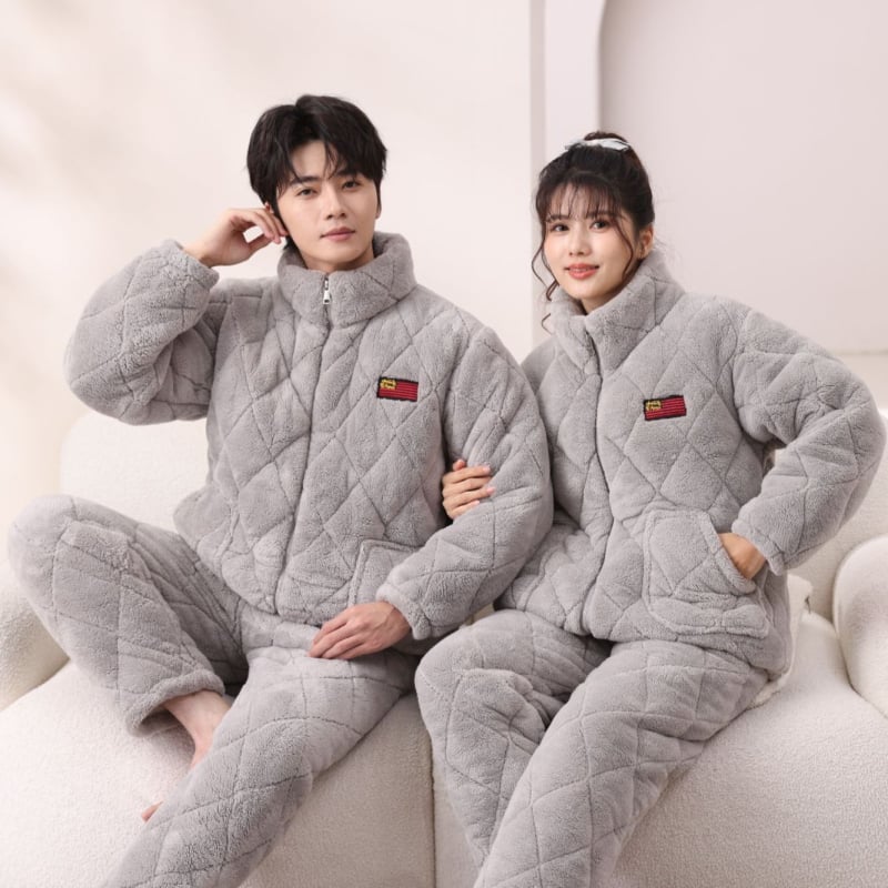 Pijamale de iarnă pentru cuplu, căptușite cu fleece, flanel 100% poliester, extra groase, guler înalt, mâneci lungi, pentru acasă