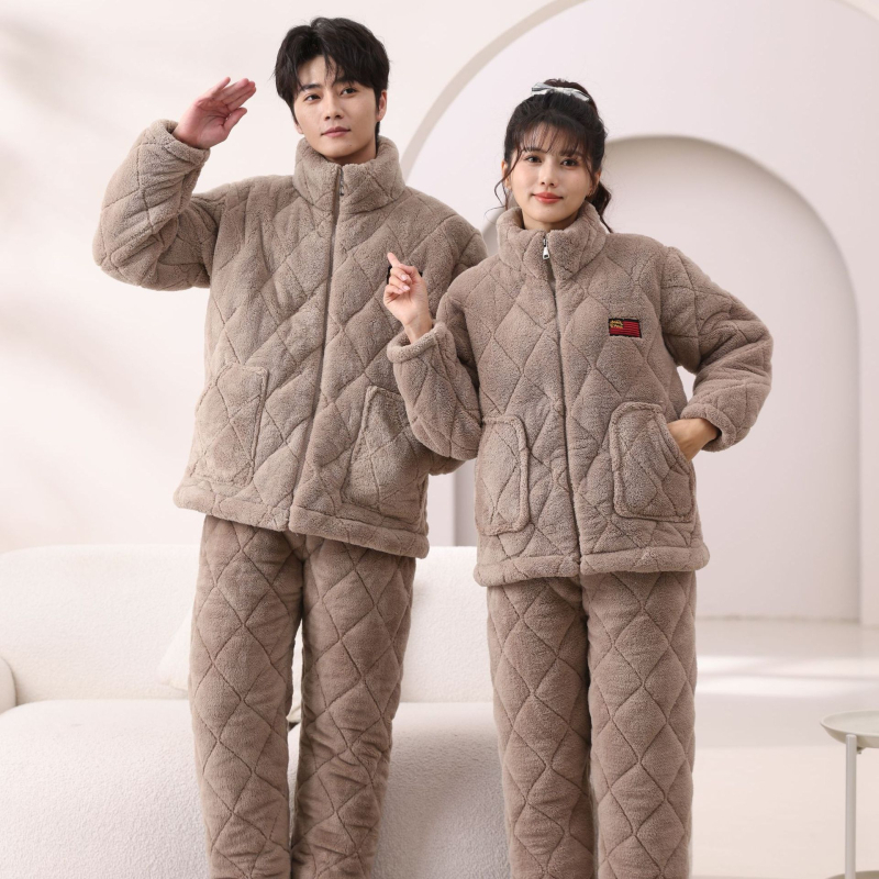 Pijamale de iarnă pentru cuplu, căptușite cu fleece, flanel 100% poliester, extra groase, guler înalt, mâneci lungi, pentru acasă