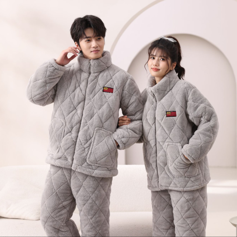 Pijamale de iarnă pentru cuplu, căptușite cu fleece, flanel 100% poliester, extra groase, guler înalt, mâneci lungi, pentru acasă