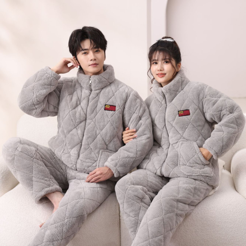 Pijamale de iarnă pentru cuplu, căptușite cu fleece, flanel 100% poliester, extra groase, guler înalt, mâneci lungi, pentru acasă