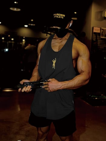 Vyrų be rankovių sportinė liemenė, laisvas kirpimas, kvėpuojanti, greitai džiūstantis poliesteris, I formos siuvinėjimas