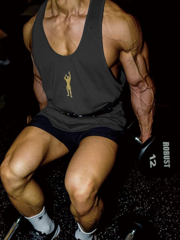 Vyrų be rankovių sportinė liemenė, laisvas kirpimas, kvėpuojanti, greitai džiūstantis poliesteris, I formos siuvinėjimas