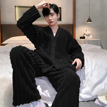 Ανδρικές πιτζάμες Coral Velvet για τον χειμώνα – μακριά μανίκια, παντελόνια, μίγμα μαλλί-σπαντέξ, μεσαίο πάχος, διατηρεί τη ζεστασιά