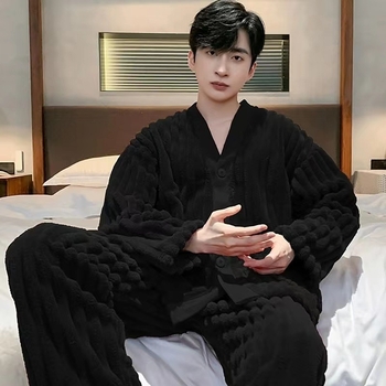 Ανδρικές πιτζάμες Coral Velvet για τον χειμώνα – μακριά μανίκια, παντελόνια, μίγμα μαλλί-σπαντέξ, μεσαίο πάχος, διατηρεί τη ζεστασιά