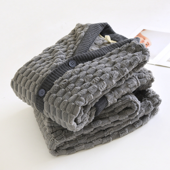 Muški flanel pidžama set, 100% poliester, ekstra debeli, V-izrez, dugi rukavi