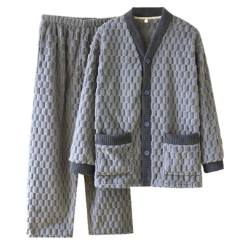 Muški flanel pidžama set, 100% poliester, ekstra debeli, V-izrez, dugi rukavi