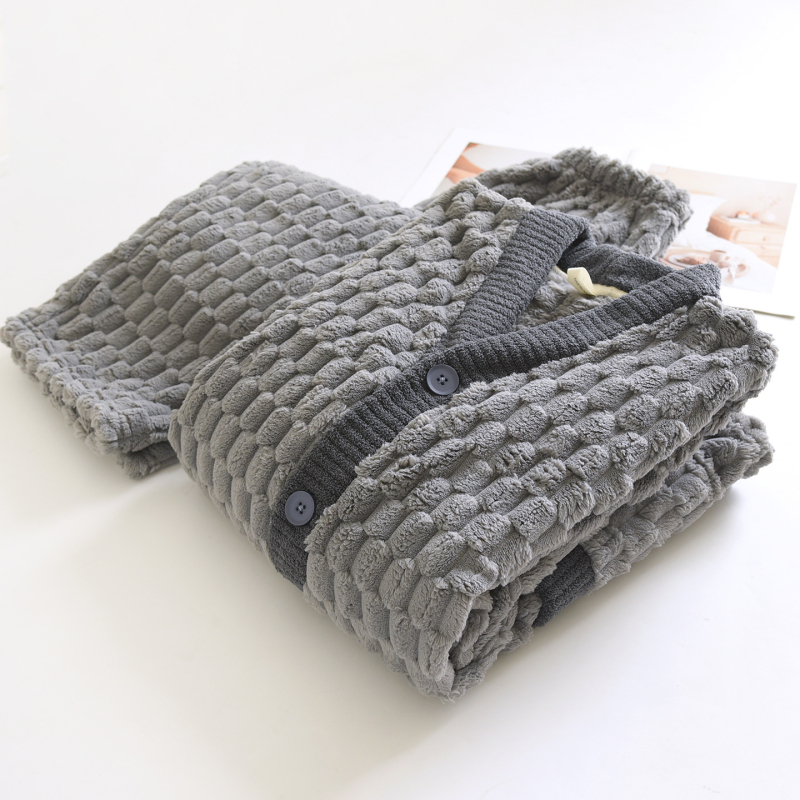 Muški flanel pidžama set, 100% poliester, ekstra debeli, V-izrez, dugi rukavi
