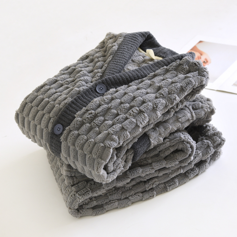 Muški flanel pidžama set, 100% poliester, ekstra debeli, V-izrez, dugi rukavi